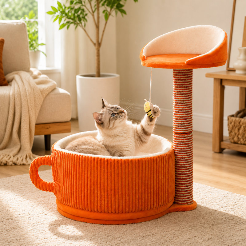 Arbre à chat tout-en-un compact pour petits appartements, Orange