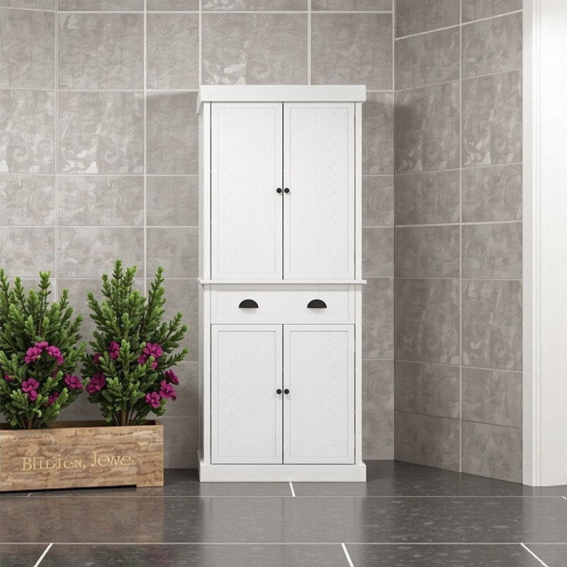 Garde-manger autoportant 72,5 po à grain de bois blanc avec 4 portes, un tiroir et 3 tablettes réglables
