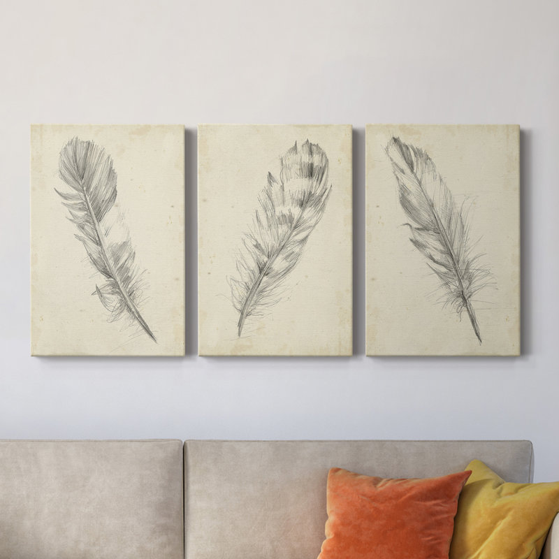 " Feather Sketch I " 3 - Pieces, 12" H x 8" H x 1