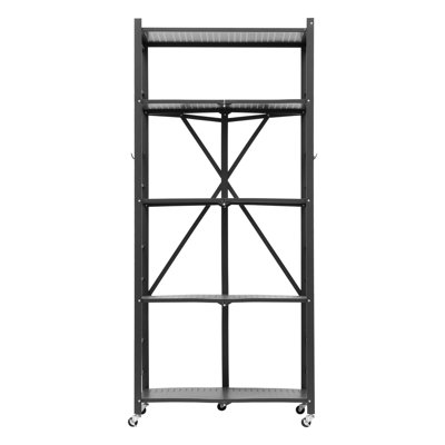 Étagère de rangement pliable à 5 niveaux, étagère pliante en métal 28 po x 15 P x 64 H, étagère de rangement sans assemblage avec 5 roues et 4 crochets pour garde-manger, cuisine, garage, sous-sol, noir