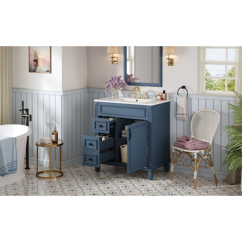 Petit meuble-lavabo de 30 pouces avec lavabo en céramique de haute qualité, deux tiroirs et tablette réglable, Bleu
