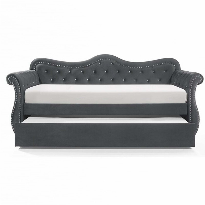Upholstered Velvet Wood Daybed with Trundle, Gray