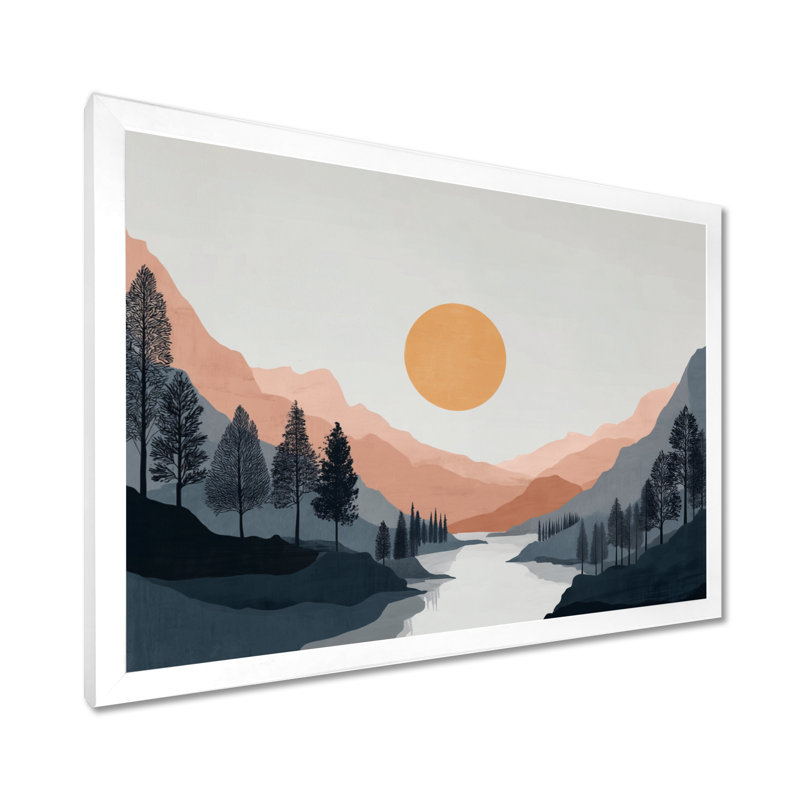 «Sunsetter River Drift Mountains», art sur toile côtier, art mural bord de mer jaune, Cadre photo unique, H 16 po x l 32 po