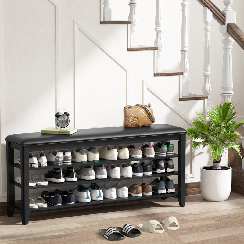 Shoe Rack Bench Entryway Storage with Leather Cushion and 3 Height-Adjustable Removable Shelve, 21.2" H x 47.2" W x 11.81" D
