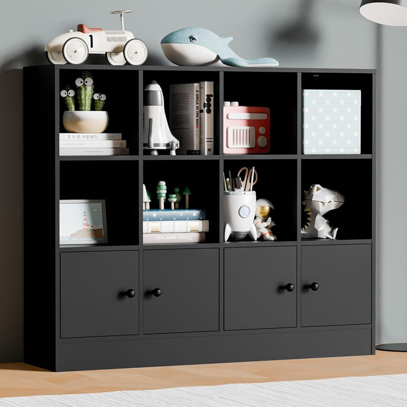 Bibliothèque de rangement à 12 cubes en bois noir, armoire à 3 niveaux avec portes, tablettes réglables
