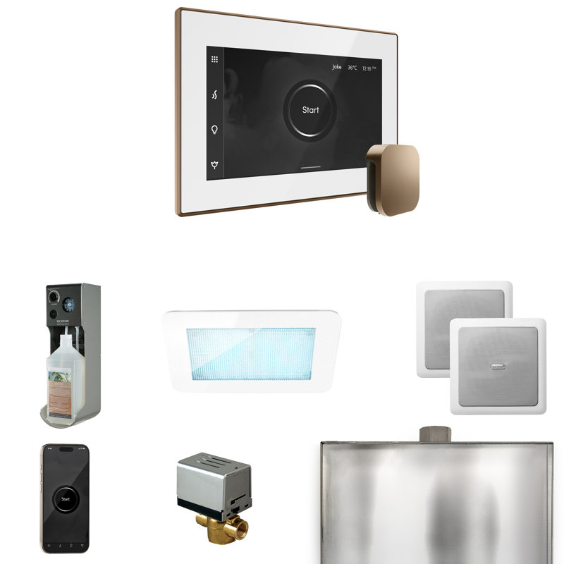 Ensemble de commande de douche à vapeur Xdream avec contrôle iSteamX et tête de vapeur , Blanc / bronze nouveau