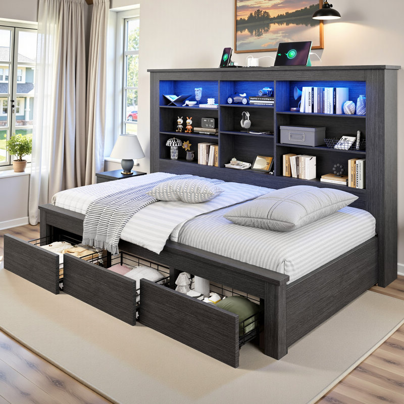 Bookcase Bed with LED Light and Underbed Drawers, Storage Headboard Platform Bed for Teens, Black