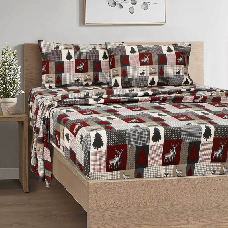 Full Gray and Red Cotton Flannel Plaid Sheet Set