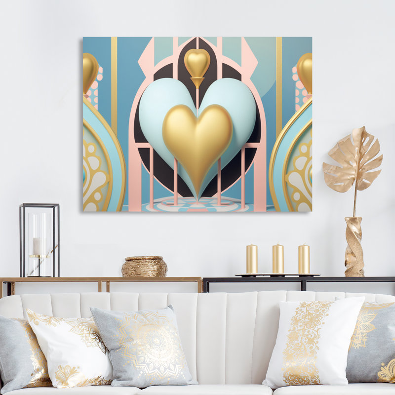 Décoration murale contemporaine cœur pastel rayonnant doré, H 12 po x l 20 po x P 1 po