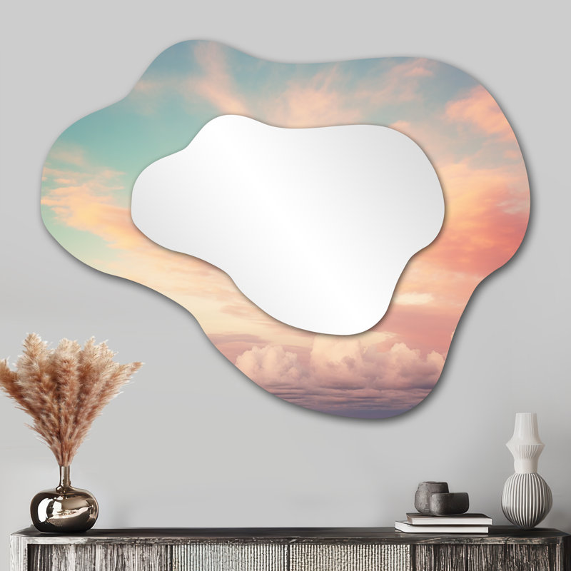Peach Sky Photo Astral Symphony III - Sky Cloud Decorative Wall Mirror, Traditional Asymmetrical Mirror, Printed Metal Art