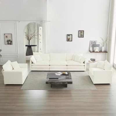 Ensemble de canapé de salon 3 pièces de style moderne avec accoudoirs ronds, fauteuil d'appoint, causeuse et canapé à trois places en blanc