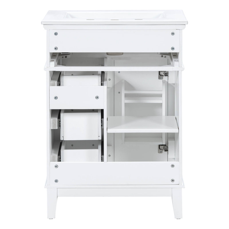 Meuble-lavabo simple autoportant de 24 pouces avec lavabo en céramique, 1 porte, tiroir rabattable et 3 tiroirs, Blanc