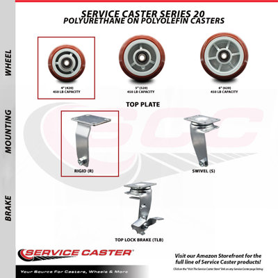 4 Piece Polyolefin Roller Bearing Caster Set with 2 Brakes and 2 Rigids