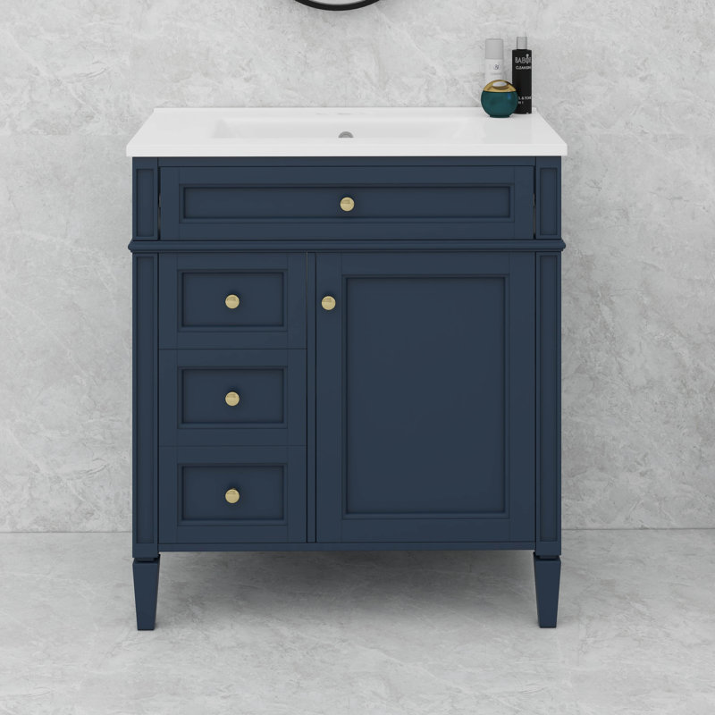 Meuble-lavabo moderne 30 po avec lavabo supérieur, 2 tiroirs et tiroir basculant, Argent argent, Bleu