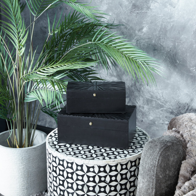 Wood Geometric Decorative Box with Hinged Lid Set, Black
