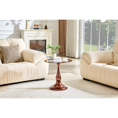 Petite table d'appoint en métal, table ronde moderne en métal or rose avec plateau en verre mesurant environ 19,6 pouces de diamètre. Idéal pour une utilisation à côté d'un lit ou d'un canapé, dans les salons, les chambres à coucher, etc.