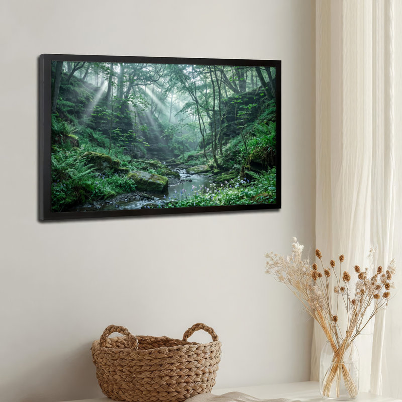 Toile noire encadrée en bois noir pour le salon, la chambre à coucher, le bureau ou le vestibule - décoration murale décorative avec ruisseau Forest