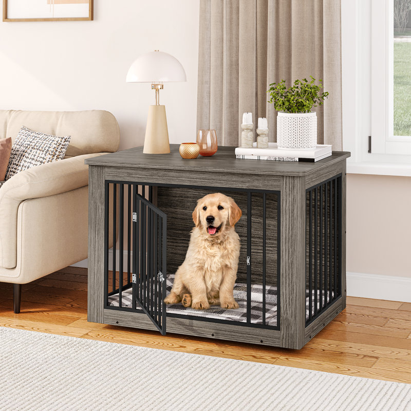 Wooden Dog Crate Furniture, Nightstand with Lock, 26.8" H x 38.2" W x 24" D, Brown