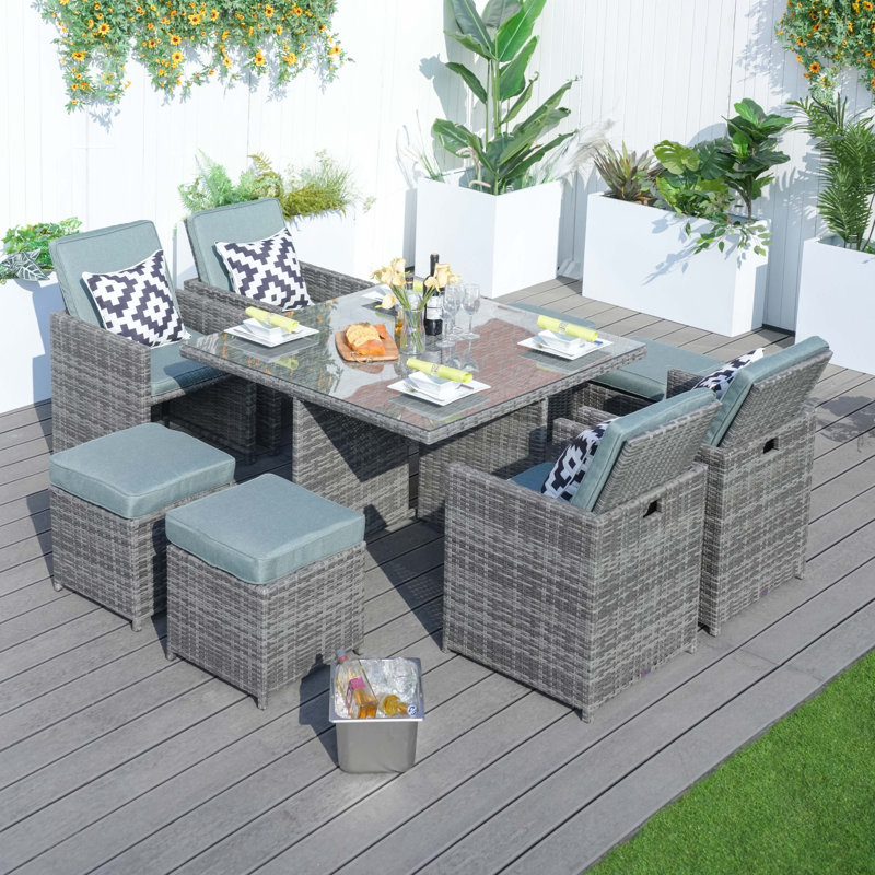 Square 8 - Person 49.2'' Patio Dining Set With Cushions, Celadon, Gray
