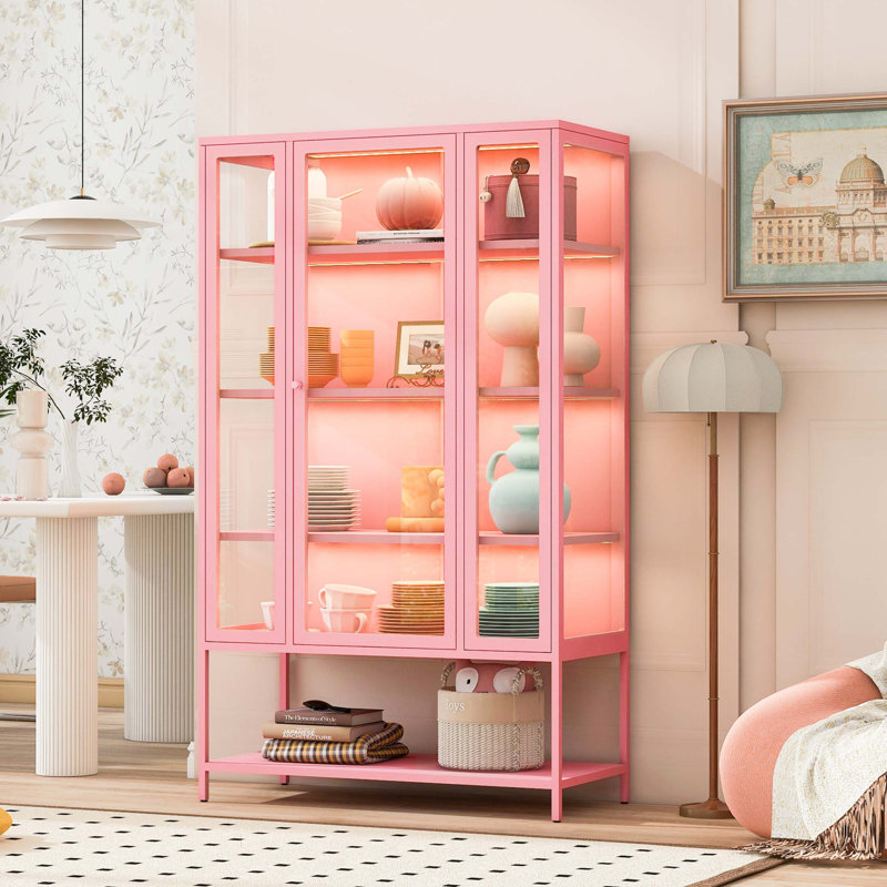 Contemporary Glass Display Cabinet with Integrated LED Lighting and Adjustable Storage, Pink