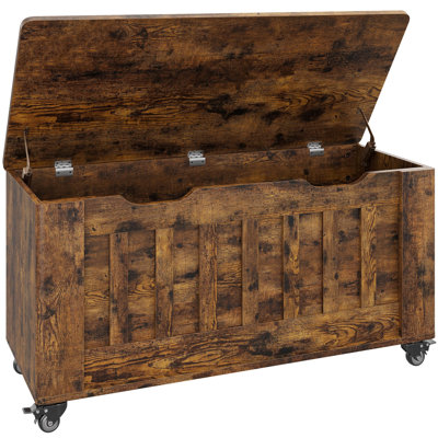 Farmhouse Storage Chest 4 Wheels, 39.4" Wooden Storage Bench, Blanket Chest with 2 Safety Hinges, Round Corner, Supports 350 Lbs, Storage Trunk for Entryway, Living Room, Bedroom
