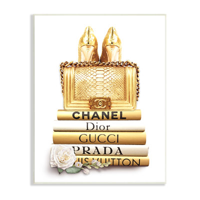 Divine Golden Fashion Purse on Glam Designer Bookstack Wall Plaque Art by Ros Ruseva