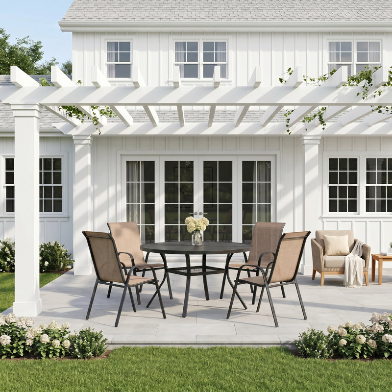 4-Person Round Patio Dining Set With Stackable Textilene Chairs, Black/Brown