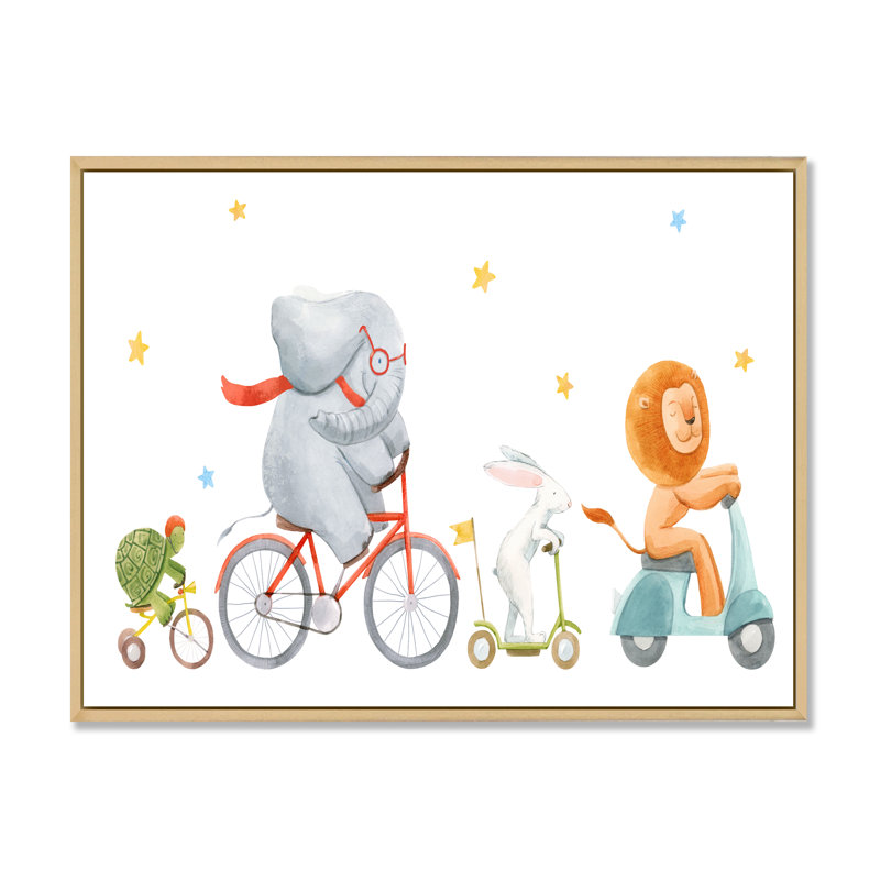 Mignons animaux à bicyclette - Art mural sur toile traditionnel, H 24 po x l 36 po x P 1 po, Cadre flottant brun