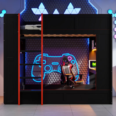 Full-Size Wood Gaming Loft Bed with Desk, Storage, LED Lights & Charging Station, Black
