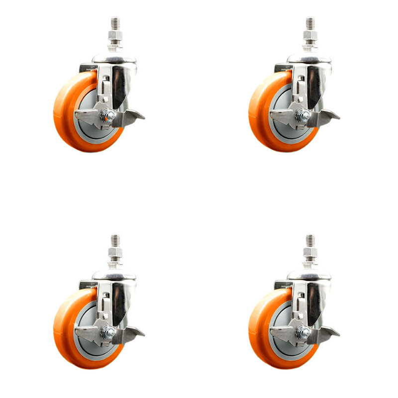 Ensemble de frein à roulettes à tige filetée en polyuréthane orange 4mm 4 pouces 10mm