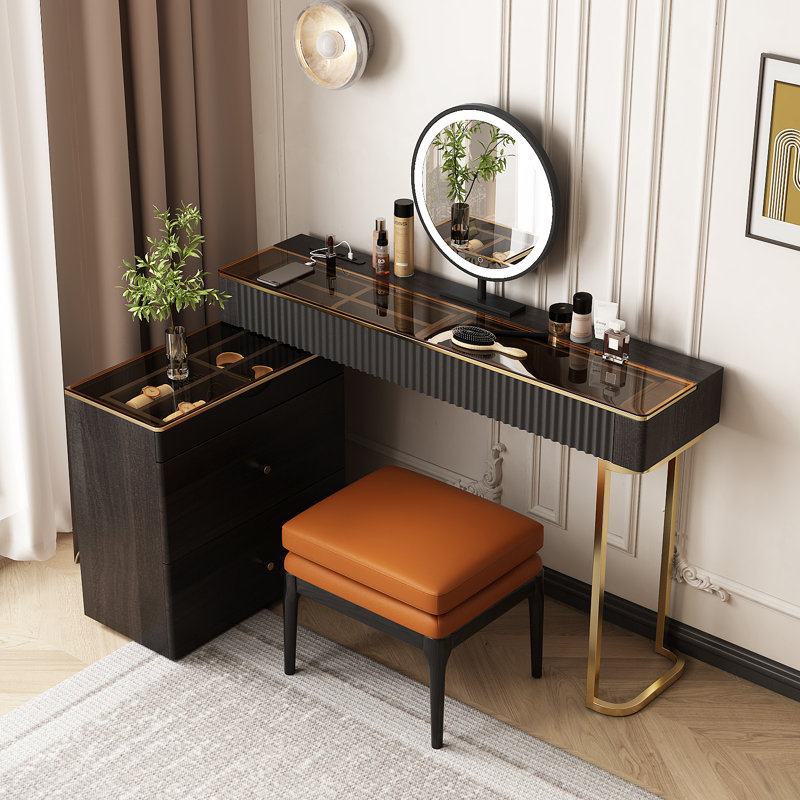 Andraz Glass Makeup Vanity set with Built in Outlets Glass Top,Expandable, Corner, Black