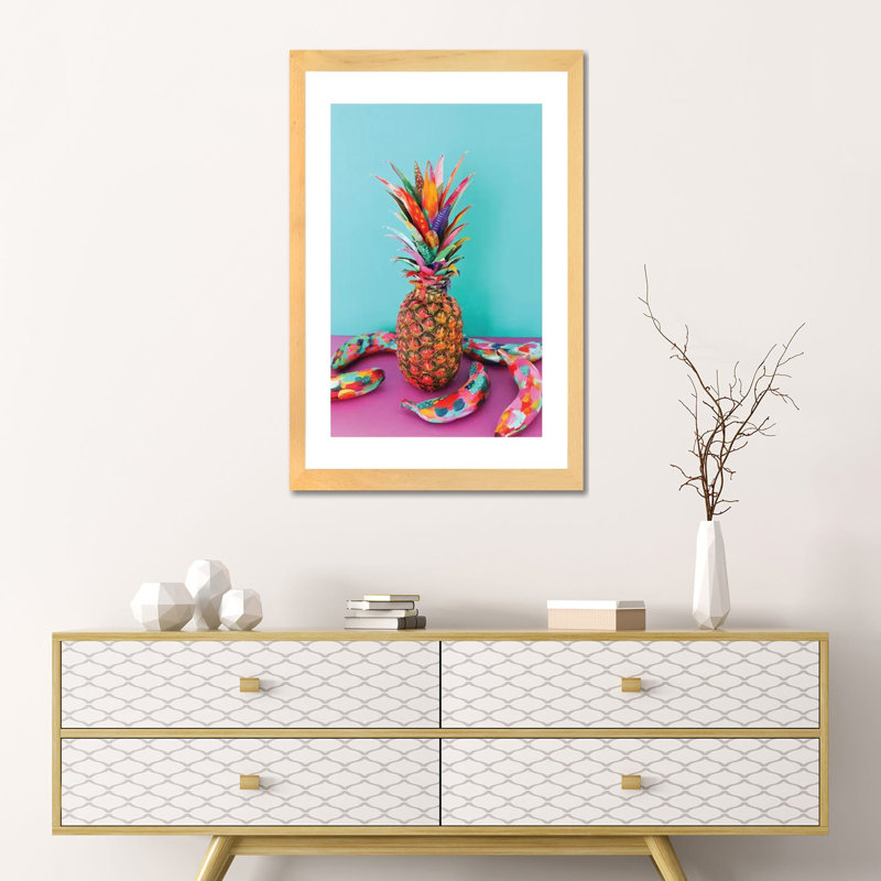 Ananas & bananes par EttaVee-impression d’art graphique, Toile avec cadre en bois beige, Blanc, H 24 po x l 16 po x P 1 po