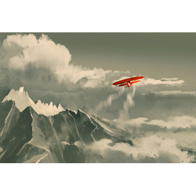Red Biplane Flying Over Mountain,illustration by Grandfailure - Wrapped Canvas Painting