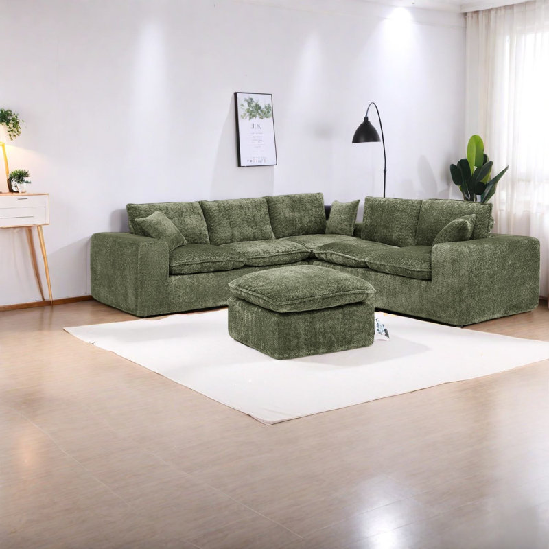 Canapés modulaires confortables de 107 po avec repose-pieds mobile, design moderne vert pour le salon