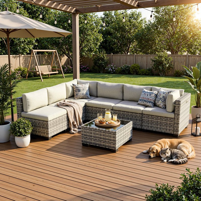 7-Piece Outdoor Sectional Sofa Set With HDPE Wicker, Cushions & Coffee Table, Modular Patio Conversation Set, Beige