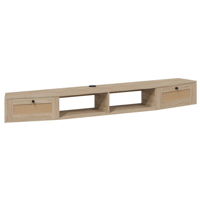 Floating Tv Cabinet With Rattan Drawer Door And Shelf, Wall Mounted Entertainment Center With Cable Management For Living Room, Bedroom, Walnut