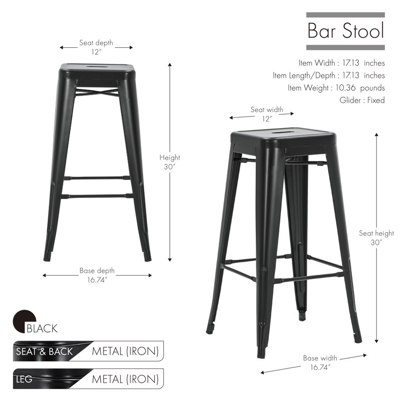 Wright Stackable Metal 30" Patio Bar Stool, Black