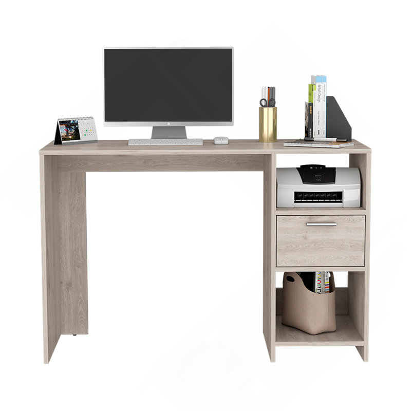 Bureau d'ordinateur Odessa avec tiroir simple et armoires de rangement ouvertes, finition gris clair