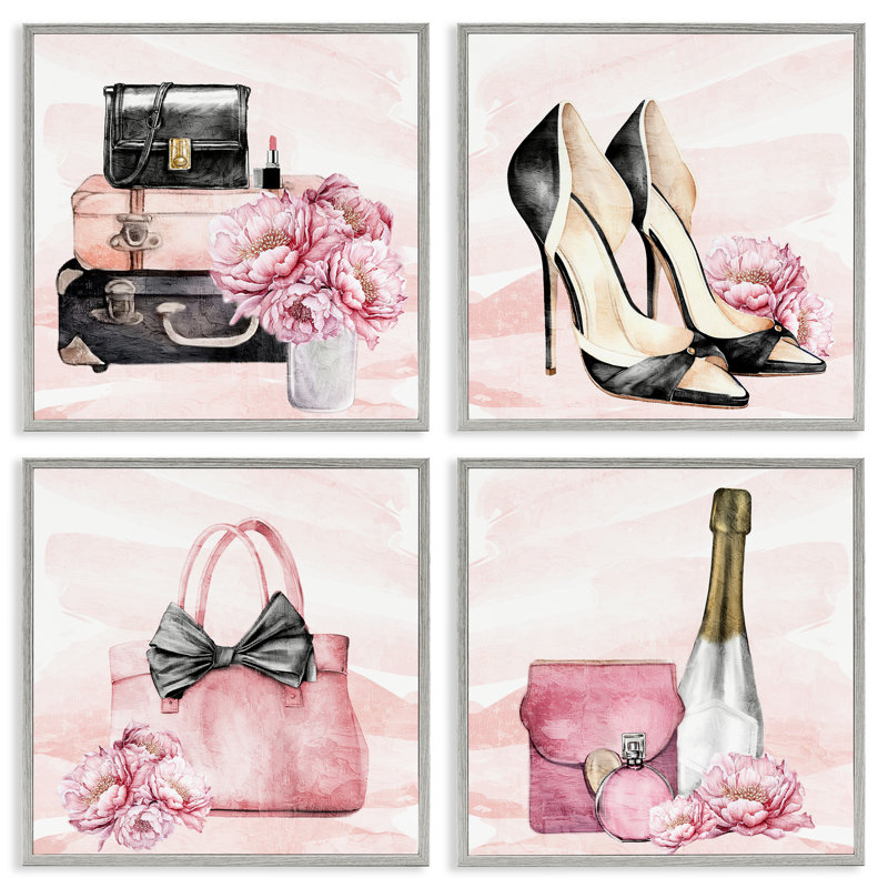 Ensemble de 4 giclées encadrées Glam Time Accessoires, design par Kim Allen, H 12 po x l 12 po