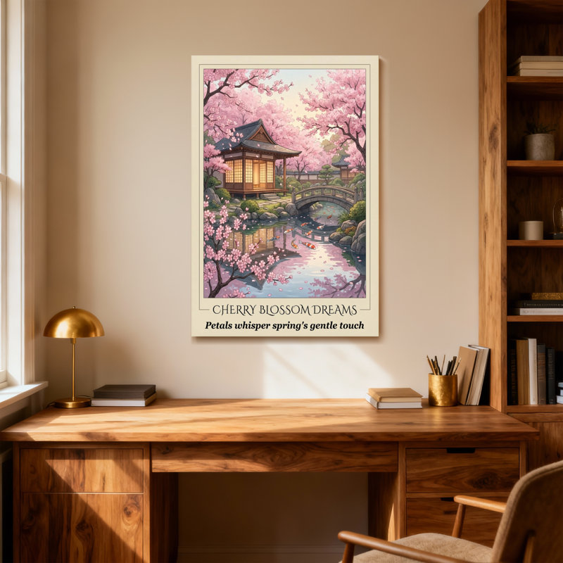 Paysage et nature Paysage de cerisiers en fleurs avec pagode et pont, H 18 po x l 12 po
