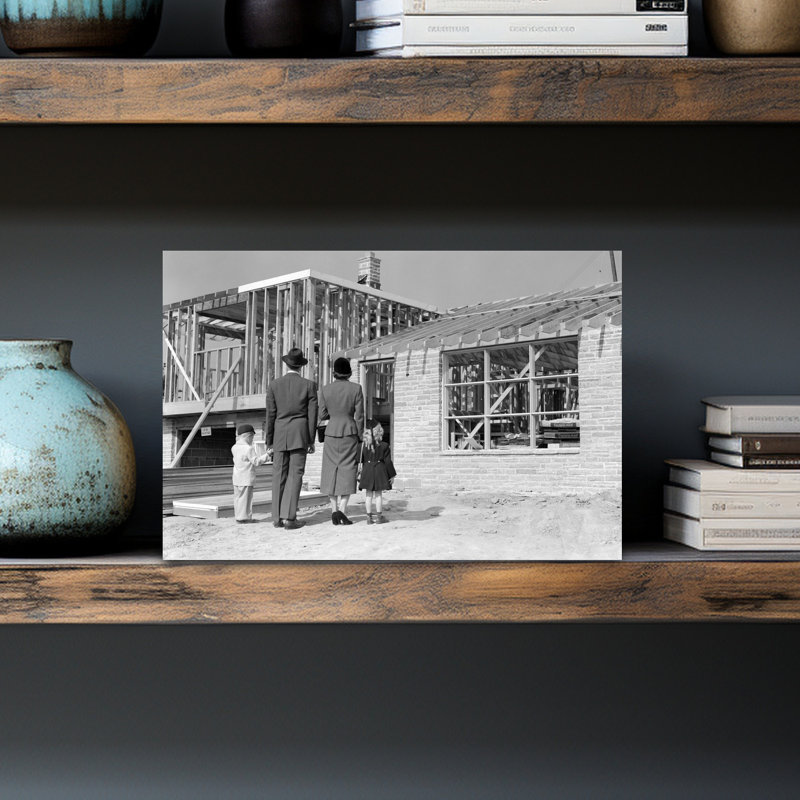 «1950S Family Looking New Home Under Construction Classic Retro Vintage Architecture», art mural, 18" H x 12" W