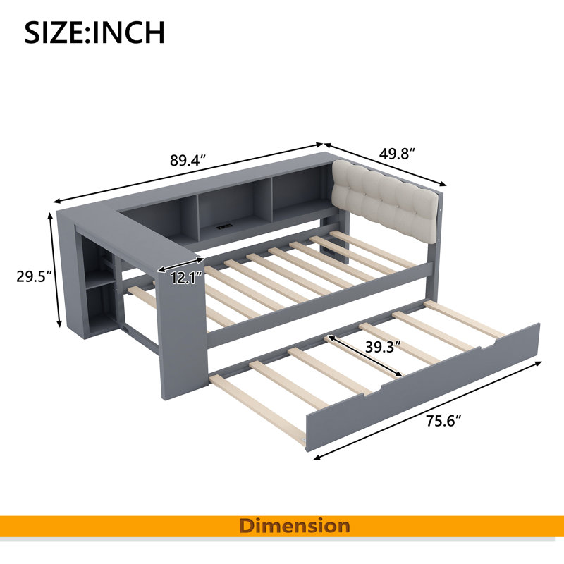 Lit plateforme en bois avec tablettes de rangement, lit gigogne, station de charge et tête de lit tapissier, Lit simple, Gris