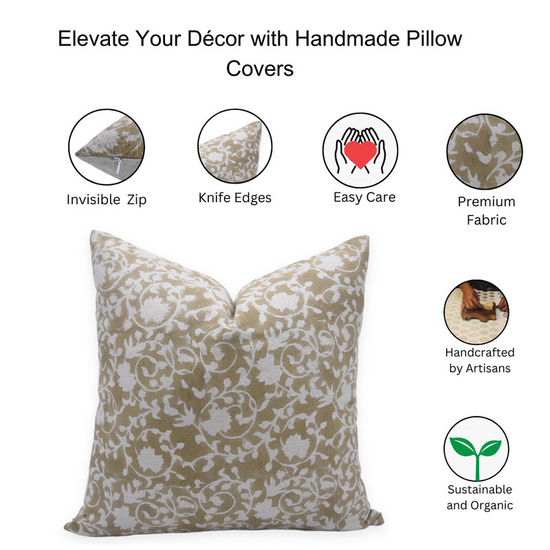 Linen Pillow Cover, Square, 22"H x 22"W, Beige Floral 1