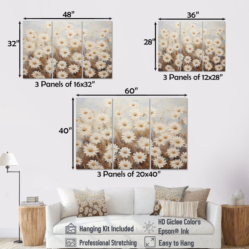 Ensemble de décorations murales blanches marguerites blanches Elegance VII, Toile tendue, H 32 po x l 48 po x P 1 po