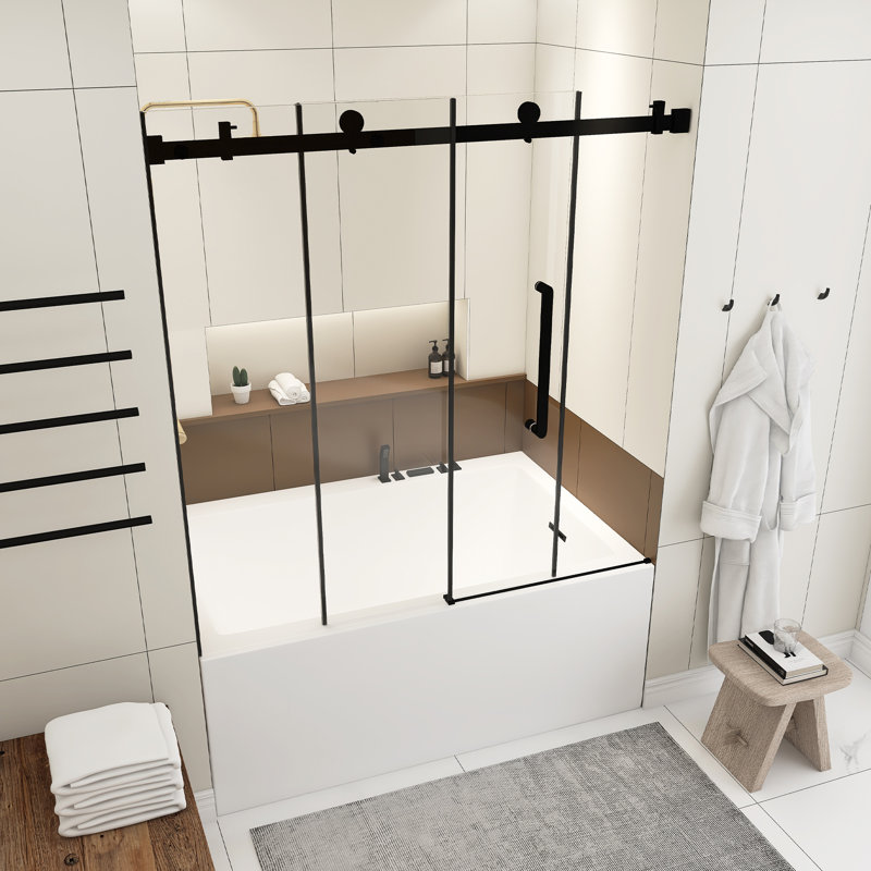 56-60.In W X 60.In H Frameless Single Sliding Shower Door,1/4 In Thick Clear Tempered Glass,Explosion Proof Film,Stainless Steel Handle Square Tube Track,Matte Black
