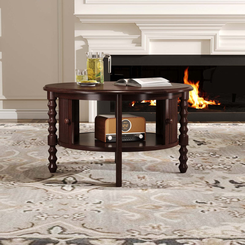 Table basse ronde vintage avec rangement, Noyer