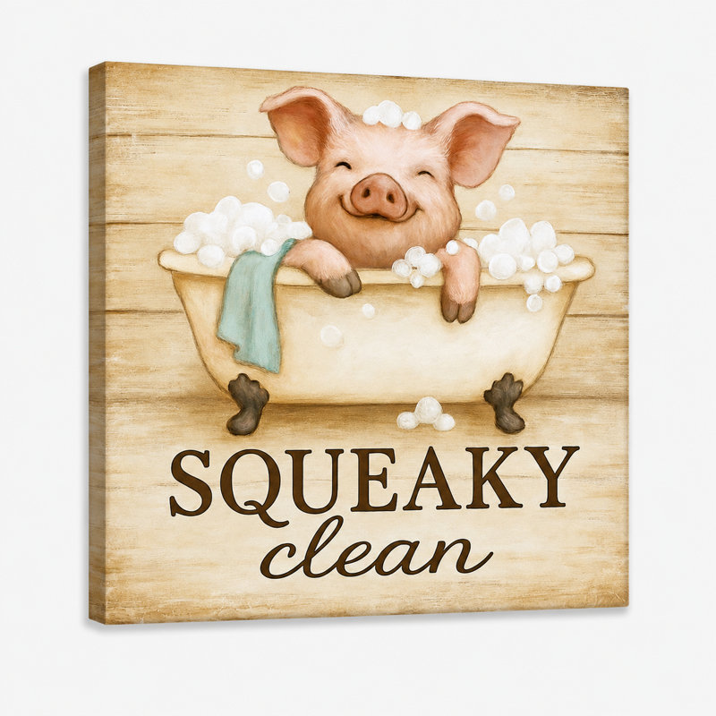 «Squeaky Clean - Cochon dans la baignoire», art mural sur toile, H 12 po x l 12 po
