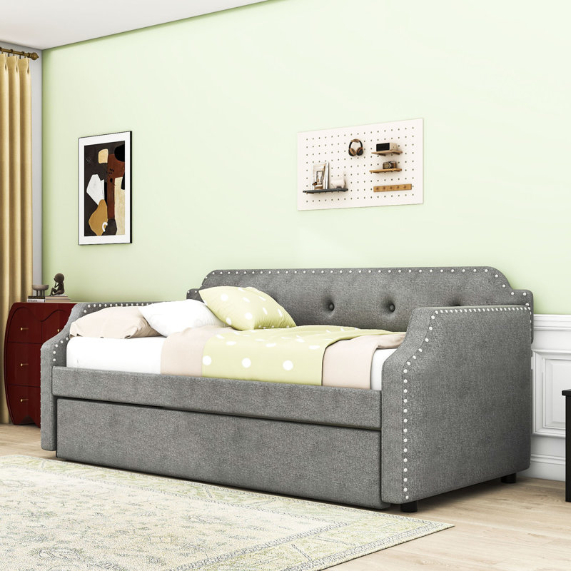 Twin Linen Upholstered Daybed with Twin Trundle, Gray