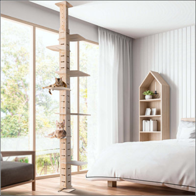 Arbre à chat à hauteur ajustable du sol au plafond, condo à plusieurs niveaux pour chat vertical, centre d'activité avec cadre d'escalade et tablettes pour chats d'intérieur