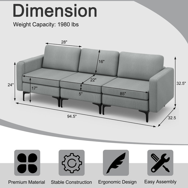 Brackney 94.5'' Upholstered Sofa, Gray Linen Blend